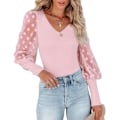 Miniatyrbilde 1 av 5: Kvinners Puffy Mesh Blonder Lang Ermet Topper V Hals Polka Dot Bluse Casual Ribbet