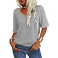 Miniatyrbillede 2 af 4: Kvinde Sommer Mode V-hals Halv ærmer T-shirt Solid Casual Løs Basic