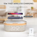 Miniatyrbillede 3 af 6: Bluetooth-højttaler-vækkeur med trådløs oplader, LED-nattelys, 2500 mAh batteri - til soveværelse, hjem i træ