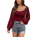 Miniatyrbillede 1 af 3: Kvinder Mesh Puff Langærmet Skjorter Toppe Scoop Hals Schweizer Prikker Sheer Slim Fit