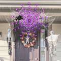 Miniatyrbilde 7 av 8: Halloween-dekorasjoner edderkoppnettlys, 70 LED-edderkoppnettlys for Halloween-dekorasjon innendørs utendørs vanntett, edderkopp LED-lys batteri lilla