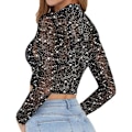 Miniatyrbilde 3 av 5: Kvinners kort ermet lang ermet gjennomsiktig mesh crop tops t-skjorte bluse