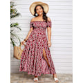 Miniatyrbillede 4 af 4: Plus Size Boho Blomster Off Shoulder Sommer Split A-Linje Lang Maxi Kjole til Kvinder