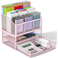 Miniatyrbillede 1 af 6: Effektiv opbevaring Pink rt Supply Desk Orgnizer, Surdy Mesh ncil-n Orgnizer Opbevaring til skrivebord, Lrge Mrker Holder Orgnizer Wi Drwer nd Pink
