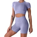 Miniatyrbild 1 av 5: Yoga-kläder för kvinnor 2-delat set träningsdräkt sömlös kortärmad crop top