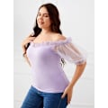 Miniatyrbillede 3 af 5: Kvinders Plus Size Off Shoulder Sheer Mesh Puff Kortærmet Bluse Toppe