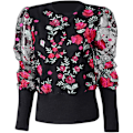 Miniatyrbillede 3 af 5: Fashion Kvinder Gennemsigtig Mesh Indsats Langærmet Blomster Top Broderi Bluse
