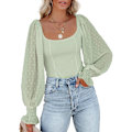 Miniatyrbilde 1 av 3: Kvinners Mesh Lang Puff Erme Topp Off Shoulder Square Neck Slim Strikket Ribbet Topper