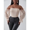 Miniatyrbilde 2 av 5: Kvinners Off The Shoulder Mesh Lang Ermet Bodysuit Bluser Topper