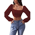 Miniatyrbillede 1 af 5: Kvinde Rib Strik Crop Top Langærmet Firkantet Hals Puff Korset Bluse