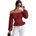 Miniatyrbilde 1 av 5: Kvinners Off Shoulder Ruffle Peplum Korsett Shirred Puff Lang Arm Topper Bluse