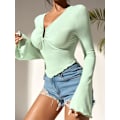 Miniatyrbild 4 av 4: Kvinnors Randig Tryck Långärmad Asymmetrisk Fåll Crop Top T-shirt