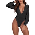 Miniatyrbillede 1 af 5: Kvinder Dyb V-hals Rynket Plisseret Langærmet Top Leotard Bodysuit