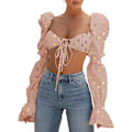 Miniatyrbillede 1 af 5: Kvinde Sexet Selvbinder Foran Rynket Puff Langærmet Crop Top Bluse