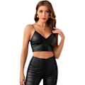 Miniatyrbilde 1 av 5: Kvinners PU Lær V-hals Spaghetti Stropp Cami Crop Top