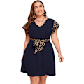 Miniatyrbillede 1 af 5: Romwe Plus Size Kortærmet Leopard Print Bæltet Casual Tunika Midi til Kvinder