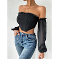 Miniatyrbilde 3 av 5: Kvinners langærmet Crop Top Tee Square Neck Basic T-skjorte