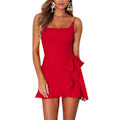 Miniatyrbillede 1 af 5: Kvinders Casual Ruffle Hem Solid Wrap Kjole Spaghetti Stropper Foran Slips Knude Kort