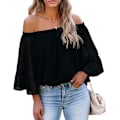 Miniatyrbilde 1 av 3: Kvinners Mesh Lang Puff Erme Topp Off Shoulder Square Neck Slim Strikket Ribbet Topper