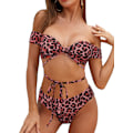 Miniatyrbilde 1 av 5: Kvinners leopardmønstret halterneck off-shoulder bikinisett med høy midje, todelt