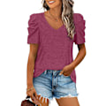Miniatyrbillede 1 af 4: Kvinde Sommer T-shirt V-hals Casual T-shirts Puff ærme Toppe til kvinder Solid