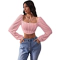Miniatyrbilde 1 av 5: Kvinners langarmede Crop Top Tee Square Neck Basic T-skjorte