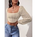 Miniatyrbilde 5 av 5: Kvinners langærmet Crop Top Tee Square Neck Basic T-skjorte