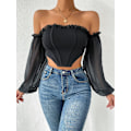 Miniatyrbilde 4 av 5: Kvinners langærmet Crop Top Tee Square Neck Basic T-skjorte