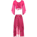 Miniatyrbillede 5 af 7: Kvinders mavedans kjole sæt mave tyl flæseærmet crop top med chiffon dans nederdel varm pink one size varm pink one size