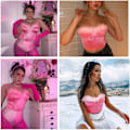Miniatyrbillede 3 af 5: Kvinder Fjer Trim Korset Bandeau Tube Crop Tops Bustier Satin Faux Fur