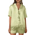 Miniatyrbilde 4 av 5: Kvinners Silke Satin Pyjamas Sett Tie Front Kort Ermet Topper og Shorts To