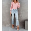 Miniatyrbilde 4 av 5: Kvinners Puffy Mesh Blonder Lang Ermet Topper V Hals Polka Dot Bluse Casual Ribbet