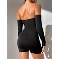 Miniatyrbillede 2 af 5: Kvinde Off Shoulder Langærmet Ribstrikkede Romper Kort Jumpsuit