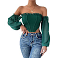 Miniatyrbilde 1 av 5: Kvinners Off Shoulder Frill Trim Lang Ermet Asymmetrisk Hem Korsett Crop Top