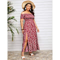 Miniatyrbillede 3 af 4: Plus Size Boho Blomster Off Shoulder Sommer Split A-Linje Lang Maxi Kjole til Kvinder