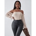 Miniatyrbilde 5 av 5: Kvinners Off The Shoulder Mesh Lang Ermet Bodysuit Bluser Topper
