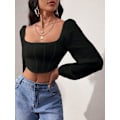 Miniatyrbilde 5 av 5: Kvinners langærmet Crop Top Tee Square Neck Basic T-skjorte