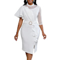 Miniatyrbilde 1 av 5: Mesh Patchwork Midi Kjole Kvinner Perle Lang Ermet Ruffle Prom Festkjole