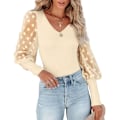Miniatyrbillede 1 af 5: Kvinders Puffy Mesh Lace Langærmet Toppe V-hals Polka Dot Bluse Casual Ribbet