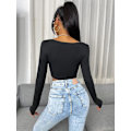 Miniatyrbilde 2 av 5: Kvinners langærmet Crop Top Tee Square Neck Basic T-shirt