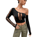 Miniatyrbillede 1 af 5: Kvinde Udskåret Langærmet Rund Hals Crop Top Slim