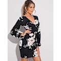 Miniatyrbillede 4 af 5: Kvinde Floral Print V Hals Bisp Langærmet Bodycon Wrap Mini Bælte Kjole