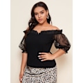 Miniatyrbillede 3 af 5: Kvinde Plus Størrelse Off Shoulder Sheer Mesh Puff Korte Ærme Bluse Toppe
