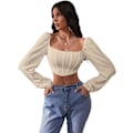 Miniatyrbilde 1 av 5: Kvinners langærmet Crop Top Tee Square Neck Basic T-shirt