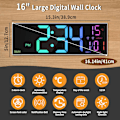 Miniatyrbild 2 av 8: Stor digital väggklocka 16,2 tum skärm med 9 RGB-färger, temperatur, fjärrkontroll, 4 nivåer ljusstyrka dimmer, nattlampa, 2 larm, 12/24H,