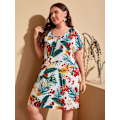 Miniatyrbillede 4 af 4: Plus Size Blomstermønstret Kortærmet V-hals Swing Tunika Kjole til Kvinder