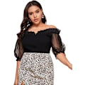 Miniatyrbillede 1 af 5: Kvinde Plus Størrelse Off Shoulder Sheer Mesh Puff Korte Ærme Bluse Toppe