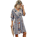 Miniatyrbillede 1 af 5: Romwe Boho Tribal Print Kortærmet V-hals Bindebånd Sommerkjole til Kvinder