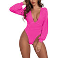 Miniatyrbilde 3 av 5: Kvinners dyp V-hals rynket plissert langarmet topp leotard body