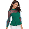 Miniatyrbild 5 av 5: Kvinnors Mesh Långärmad Mock Neck Volangfåll Slim Fit Peplum Blus